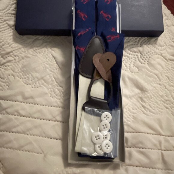 NIB Brooks Brothers Lobster 🦞 Red Print On Blue Mens Suspenders Silk , Leather - Picture 5 of 10